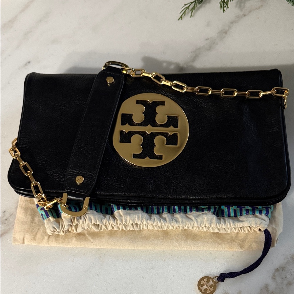 Tory Burch Black Clutch with Gold Accents